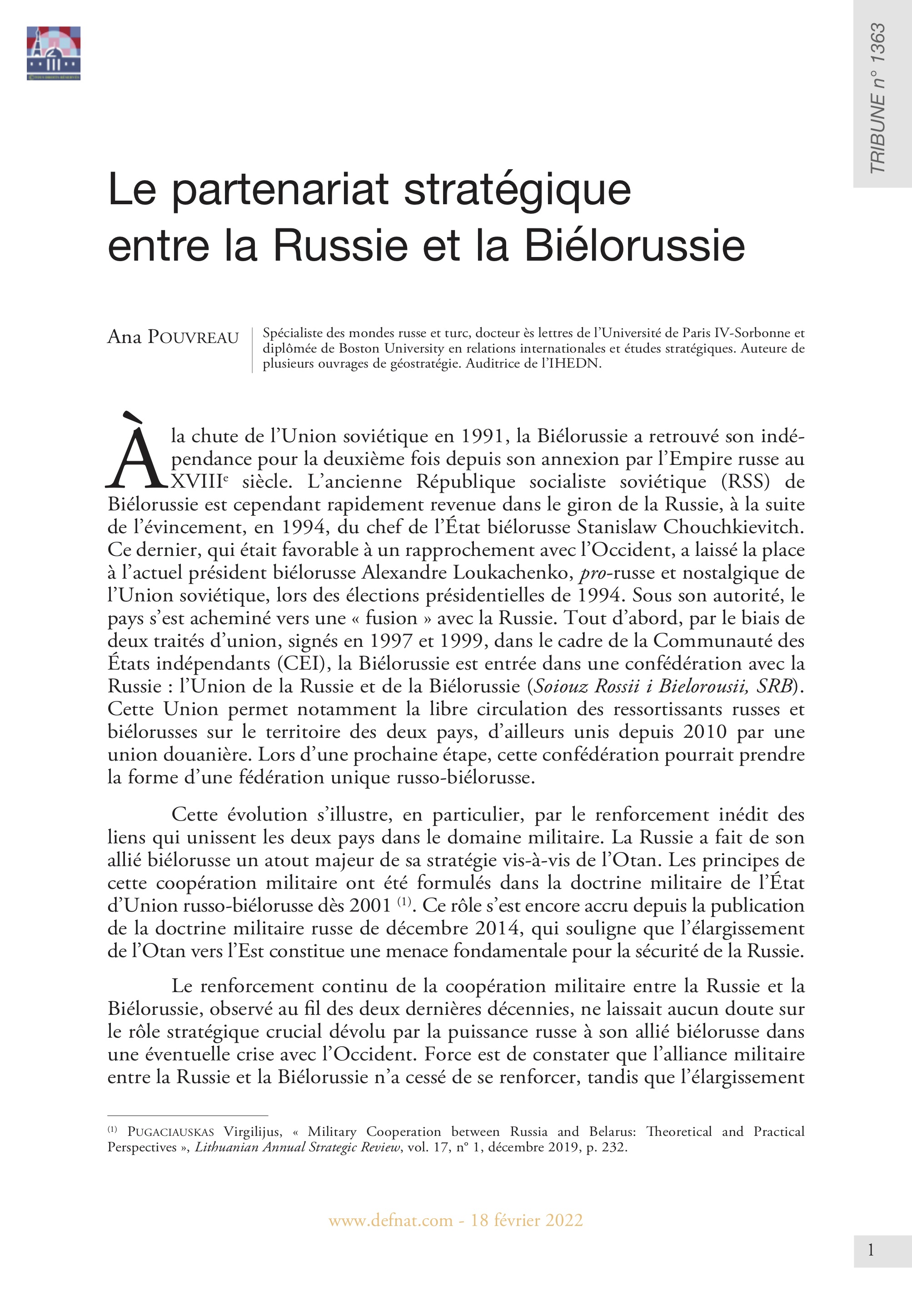 Le partenariat stratégique entre la Russie et la Biélorussie (T 1363)
